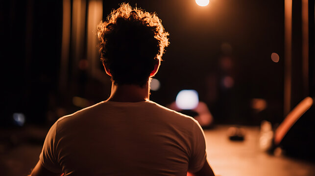 Back view of a curly-haired person in a white t-shirt, standing in the dark, illuminated by a soft spotlight, radiating warmth and intrigue. Backlit silhouette.