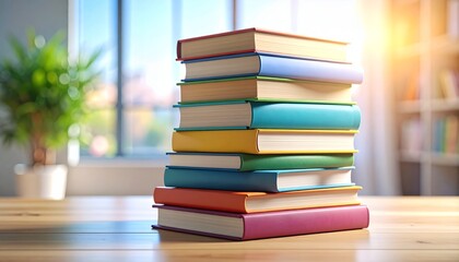 Stack of colorful books on a wooden table in a bright room with a window view.