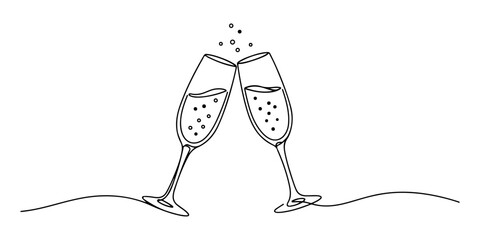 Continuous one line of a two champagne glasses toasting, symbolizing love, affection, care, and unity isolated on a white background, drawn vector illustration. © Pure Outline 