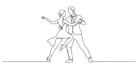 Fototapeta premium Continuous one line of a couple dancing gracefully,, symbolizing love, affection, care, and unity isolated on a white background, drawn vector illustration.