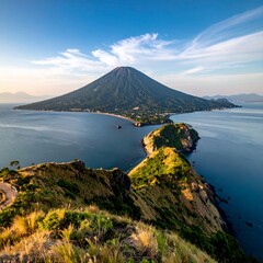 Stunning Panoramic View of a Majestic Volcanic Island in a Serene Lake Under a Clear Blue Sky.