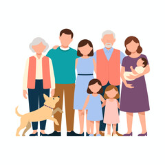 Fototapeta premium A lovely multigenerational family portrait showcasing members of varied ages along with their friendly dog, celebrating love, unity, and togetherness in diversity.