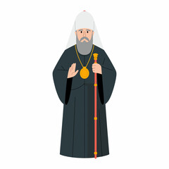 This illustration features a religious figure in traditional clothing, holding a staff and making a gesture of peace, embodying wisdom and spirituality in the community.