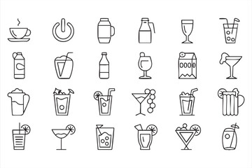 Drink Line Icons with Coffee Cups, Alcohol Glasses, Juice
