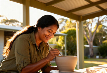 Smiling artist painting a handmade clay pot outdoors. Woman enjoying a creative pottery hobby in her backyard. Handmade craft and artisan lifestyle concept
