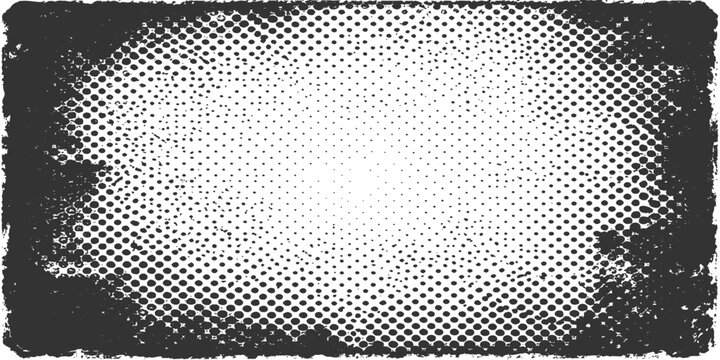 Seamless industrial metallic mesh texture featuring a grunge steel plate frame with a perforated halftone dot pattern on a black and white vector backdrop