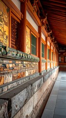Traditional Japanese temple corridor with intricate wooden architecture and warm lighting.