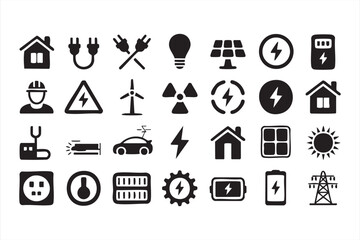 Renewable Energy Icons with Solar, Battery, Electricity Symbols