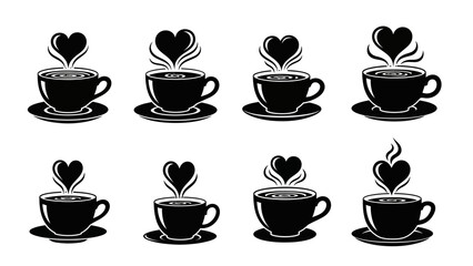 Fototapeta premium Coffee cup with heart steam silhouette icons set for cafe branding restaurant menu design morning beverage break love espresso caffeine baristas shop advertising morning rituals cafe