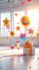 Vibrant Celebration with Balloons, Confetti, and Cake in a Bright Room.