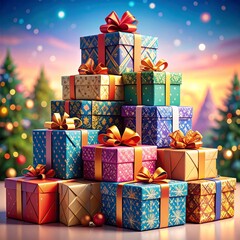 Vibrant Christmas Gift Pyramid with Festive Decorations and Sparkling Lights.