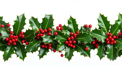 Vibrant Holly Garland with Red Berries on White Background.