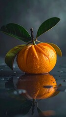 Vibrant Orange Fruit with Green Leaves and Water Droplets Reflected on Dark Surface.
