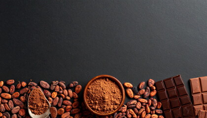 チョコレートとカカオ豆の黒背景フレーム  高級感のあるバレンタイン素材