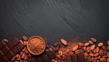 チョコレートとカカオ豆の黒背景フレーム  高級感のあるバレンタイン素材