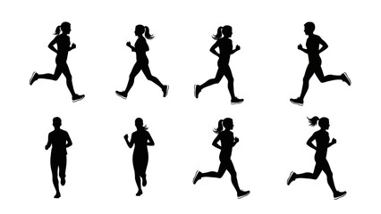 Obraz premium Collection of eight dynamic black silhouettes of running people, including both men and women in various active poses, representing fitness and healthy lifestyles