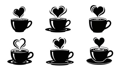 Set of six black silhouettes of steaming coffee cups with heart-shaped steam showing love for hot beverages in a simple, elegant style isolated on a white background