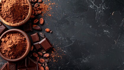 チョコレートとカカオ豆の黒背景フレーム  高級感のあるバレンタイン素材