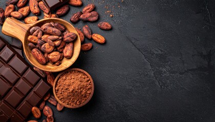 チョコレートとカカオ豆の黒背景フレーム  高級感のあるバレンタイン素材