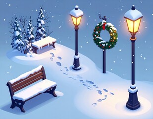 Winter Wonderland Park Scene with Snow, Benches, and Glowing Streetlights.