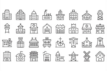 Urban Architecture Line Icons for City Landmarks and Infrastructure Design