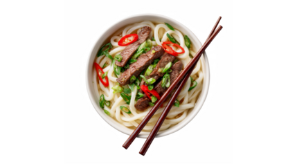 Delicious beef udon noodle soup with fresh green onions and spicy red chili peppers