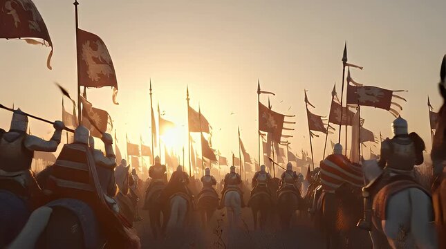 Knights on horseback charging into medieval battle at sunset