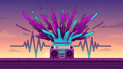 retro boombox radiating vibrant sound waves and abstract music energy from a brick wall at sunset for modern digital art and advertising.