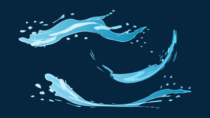 Dynamic liquid water splash with falling droplet, crashing sea wave and swirling eddies. For advertising web design or marketing visuals. Vector illustration.