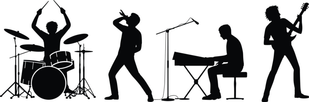 Rock music band silhouette performing live on stage, singer drummer guitarist keyboardist, concert performance, music festival illustration concept - Powered by Adobe
