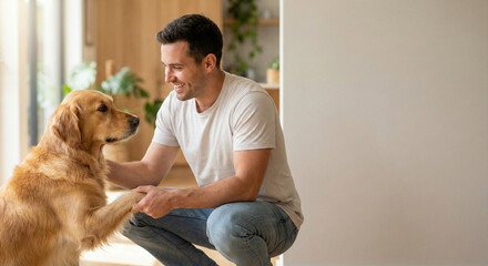 Man interacting with golden retriever dog at home indoors  