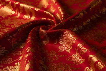 Crumpled red brocade silk with bright floral shine for glamorous Chinese celebration fabric