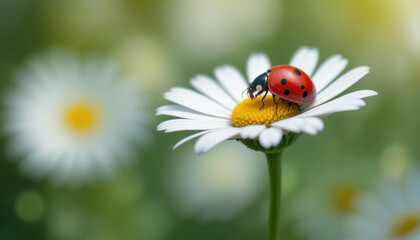 Obraz premium Ladybug sitting on daisy with white petals and yellow center in garden setting