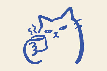 Cat with coffee mug naive doodle vector illustration