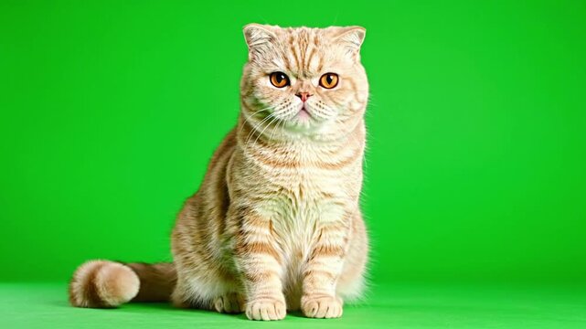 A charming orange tabby shorthair cat with a cute flat face sits calmly and attentively looking forward on a green screen background, chroma key