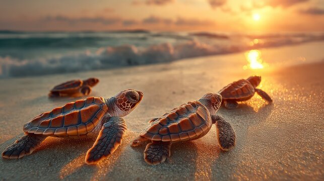 Four sea turtle hatchlings make their way to the ocean during a golden sunset