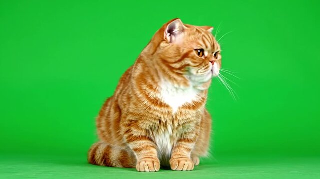 An adorable grumpy-looking red tabby Exotic Shorthair cat sits calmly on a vibrant green screen background, chroma key