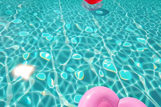 Colorful Heart Pool Floats. Colorful heart-shaped inflatables floating in a swimming pool ideal for summer-themed designs and vacation promotions.