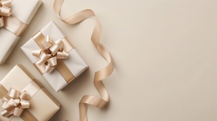 Festive new year sale gift boxes with elegant ribbon for holiday celebration. Horizontal banner. Copy space. Flat lay. Boxing day. Holiday shopping concept. Top view