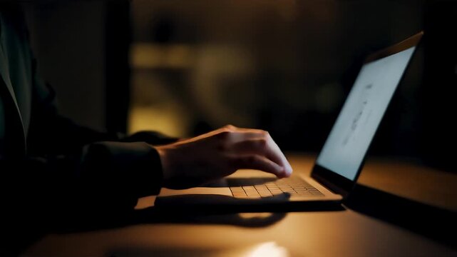 Close-up of a person's hands typing on a laptop in a dimly lit environment