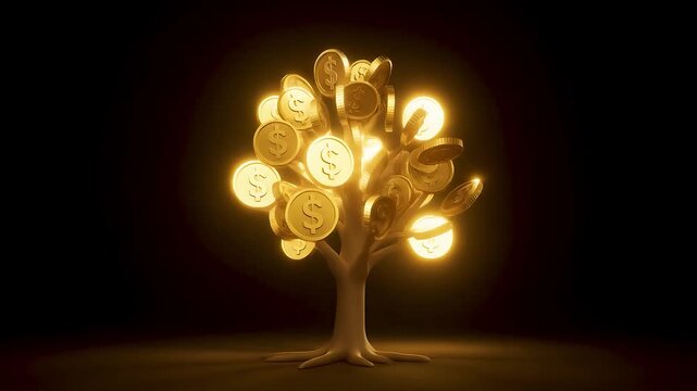 Golden money tree symbolizing wealth and prosperity animation