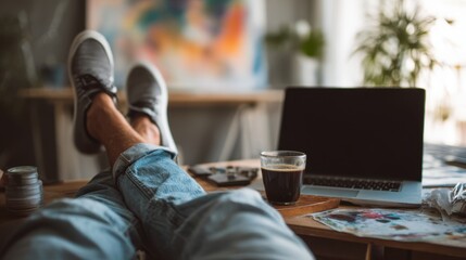 Relaxing Workspace with Coffee and Laptop in Cozy Art Environment