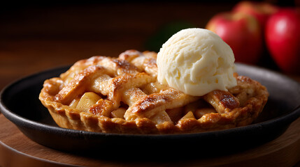 Apple Pie with Ice Cream: A close-up view of a delicious apple pie, adorned with a scoop of creamy ice cream on top, creating a tantalizing dessert, capturing the warm flavors of comfort.