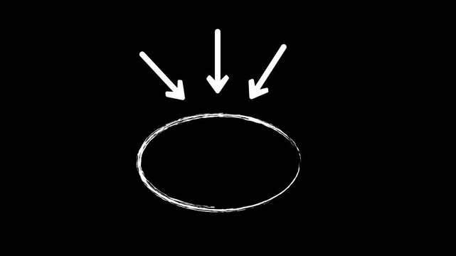 Animation of three white hand-drawn arrows pointing down at a circular frame on a black background for highlighting key content in videos.
