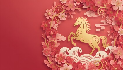 Floral wreath paper cut zodiac horse galloping through waves for romantic New Year poster