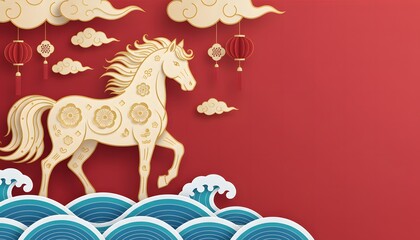 Golden paper cut zodiac horse on blue ocean waves under clouds for luxury Chinese New Year