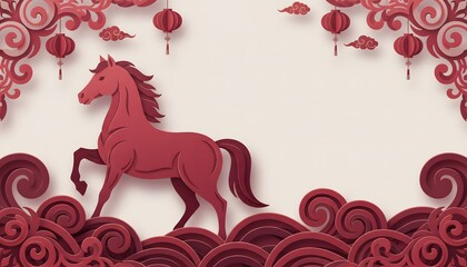 Elegant paper cut zodiac horse walking on layered clouds for minimalist Chinese New Year background