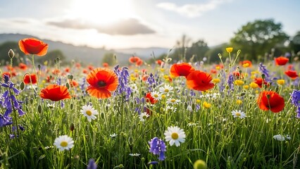 A picturesque field of wildflowers in full bloom under a golden sunset.