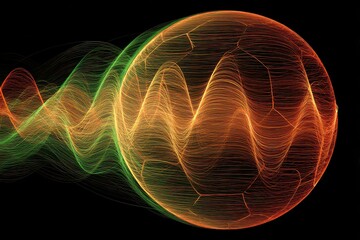 Abstract Orange and Green Energy Wave Flowing Around a Sphere on a Black Background