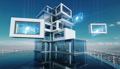 Modern futuristic architecture with floating office modules and digital interface overlays